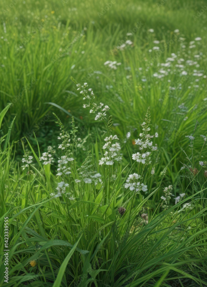 Close-up of flowering plants amidst lush, emerald green June grass , green, macro Close-up of flowering plants amidst lush, emerald green June grass , green, macro