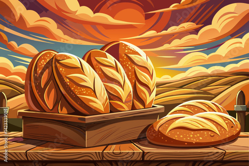 Freshly Baked Bread Loaves on wooden basket and tables at amazing sunset time