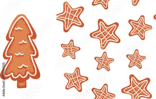 Set of  gingerbread star cookie seamless pattern and Christmas tree. Print for holiday pajama