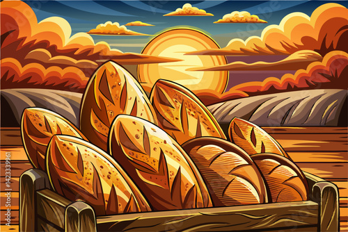 Freshly Baked Bread Loaves on wooden basket and tables at amazing sunset time