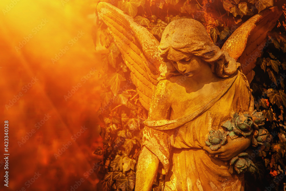 Obraz premium Beautiful guardian angel against blur background Ancient stone statue. Copy space for design.
