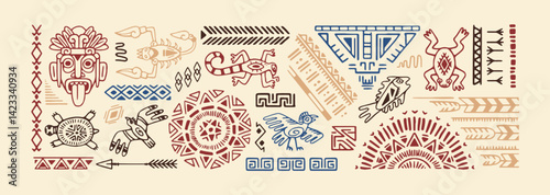 Background with ancient Aztec or Peruvian wall arts. Tribal pattern with abstract ethnic symbols, folk elements. Doodle ornament of native Navajo, Maya or Mexican culture. Flat vector illustration