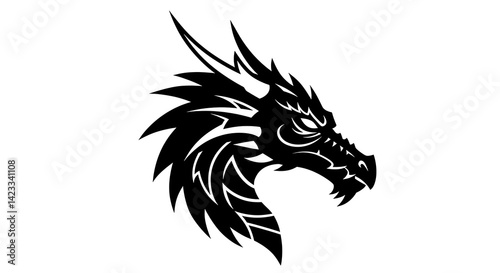 Wallpaper Mural dragon head profile in bold contour lines, geometric mane shapes, negative space eyes, strong monochrome aesthetic. Torontodigital.ca