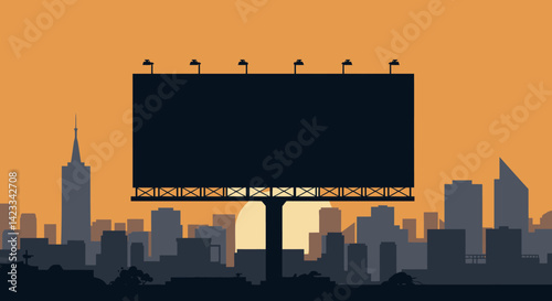 A silhouetted cityscape with a prominent billboard under an orange sky