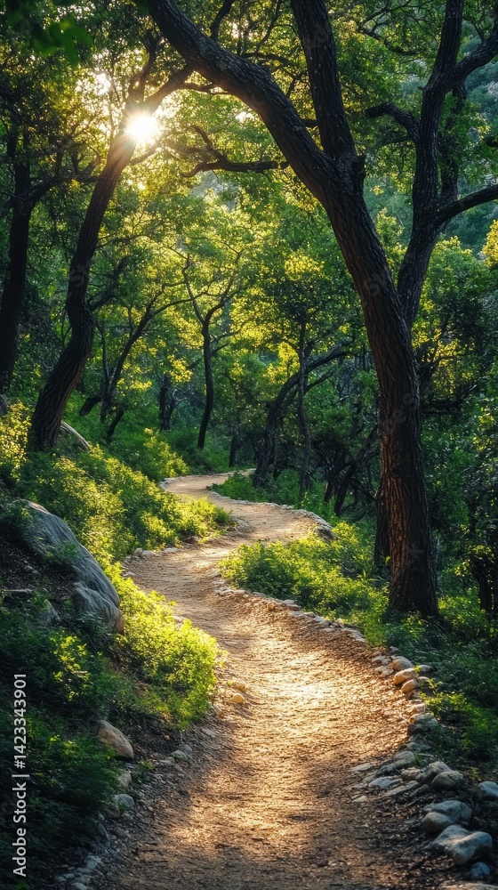 Fototapeta premium A winding trail invites explorers into a vibrant forest where sunlight filters gently through the trees, illuminating the path ahead. Nature's beauty beckons outdoor enthusiasts to discover more.