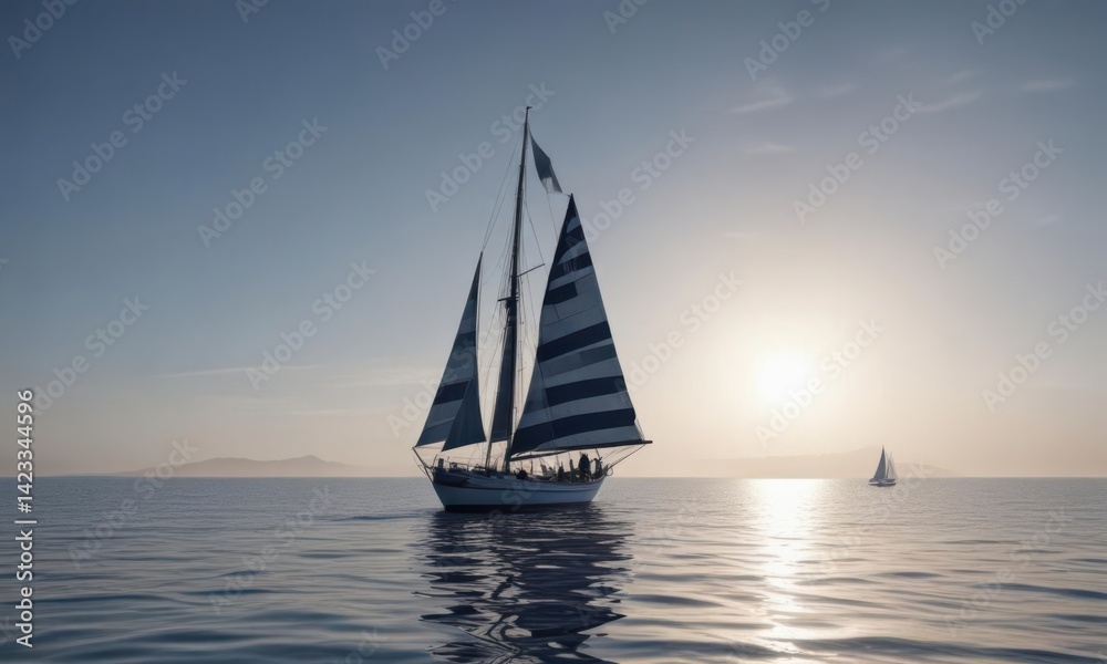 Fototapeta premium Classic blue and white nautical stripes, sailboat silhouette, pattern, design