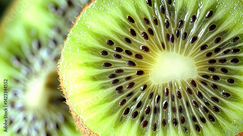 Close-up of a Kiwi Slice Revealing Flesh and Seeds, Macro Shot of Exotic Fruit in Winter, Green Background, Vitamins, Nutrition and Health
