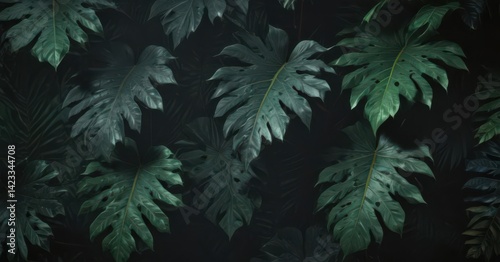 Dark, moody exotic leaf pattern Lush, vibrant greens and deep shadows , moody, foliage, mysterious