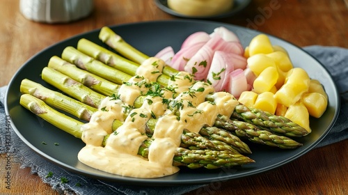 Close-up of vibrant fresh green asparagus with sliced red onions and crispy golden potatoes drizzled with creamy yellow sauce on a ceramic plate, blurred rustic wooden background