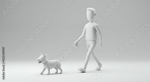 3d White Man Character Walking Dog in Clean Minimalist Design