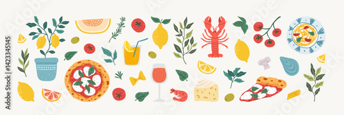 Italian summer vacation. Hand drawn Italy food set. Mediterranean lunch and dinner icons. Lemons, pasta, lemon tree, tomato, pizza, lobster, wine. Dolce vita amalfi style. Vector illustration.