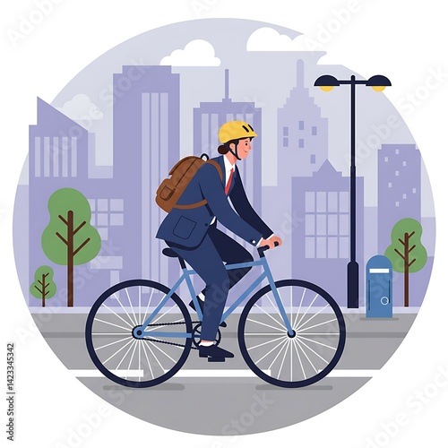 Businessman Cycling to Work in City Wearing Suit and Helmet
