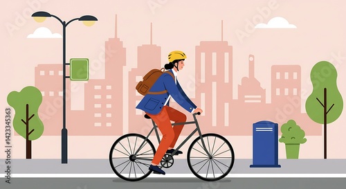 Person Cycling in City Wearing Helmet and Backpack on Bike Lane