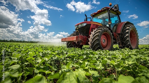 A vibrant green soybean field stretches out under a brilliant blue sky, where a powerful tractor, adorned with a spray nozzle, diligently works to protect the crops from harmful pests and nourish 