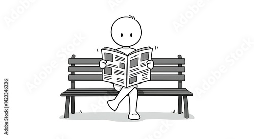 Stick Figure Reading Newspaper While Sitting on a Park Bench