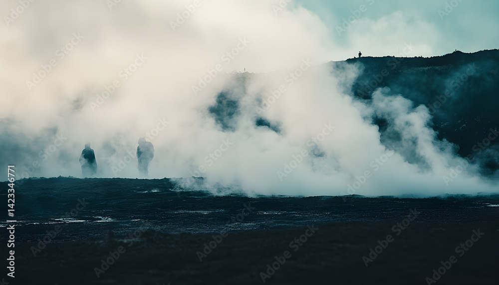 Fototapeta premium Mysterious misty landscape with people walking towards steam plume