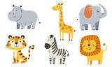 A set of cute vector illustrations in a simple childish style. Safari and jungle animals. Cute lion, tiger, elephant, giraffe, hippo and zebra on white background . Vector illustration