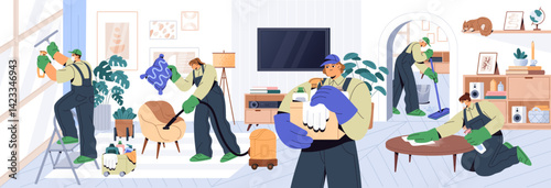 Cleaning service business. Team with equipment does housework, cleanup in apartment. Housekeeping workers clean room with vacuum cleaner, mop, wash window, wipe dust. Flat vector illustration