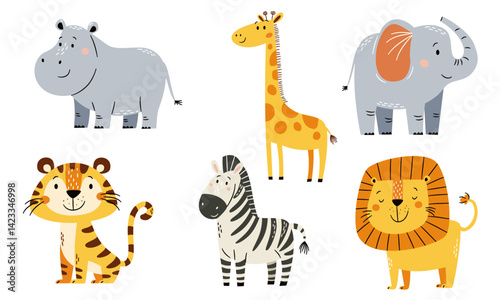 A set of cute vector illustrations in a simple childish style. Safari and jungle animals. Cute lion, tiger, elephant, giraffe, hippo and zebra on white background . Vector illustration