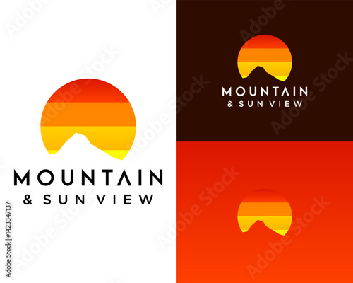 Logo design about a view of a mountain and ocean in the afternoon.

