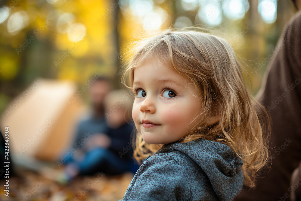 Happy kid girl in an autumn forest enjoying a weekend camping trip with family among colorful fall leaves, generative ai Happy kid girl in an autumn forest enjoying a weekend camping trip with family among colorful fall leaves, generative ai