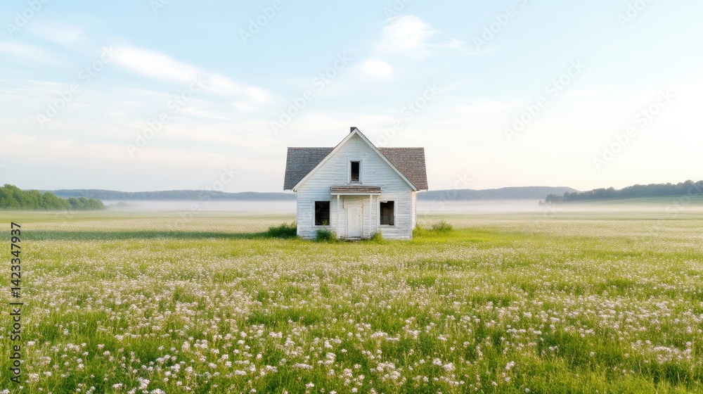 Abandoned farmhouse in a field of wildflowers, serene rural landscape Abandoned farmhouse in a field of wildflowers, serene rural landscape