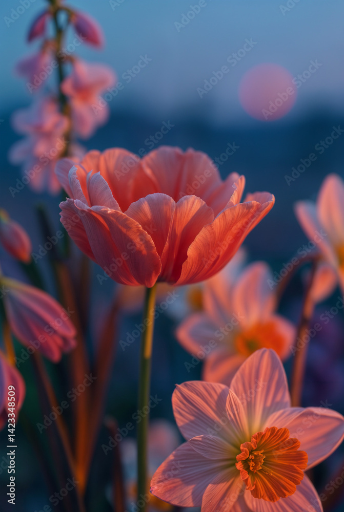 A serene close-up of blooming spring flowers bathed in warm sunset light, with a soft bokeh background and a tranquil, romantic atmosphere. A serene close-up of blooming spring flowers bathed in warm sunset light, with a soft bokeh background and a tranquil, romantic atmosphere.