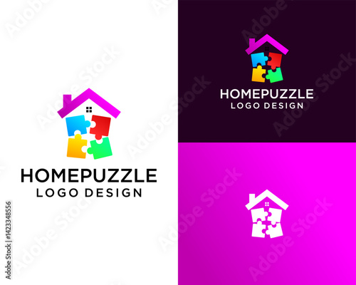 Logo design about a house built with puzzle pieces.

