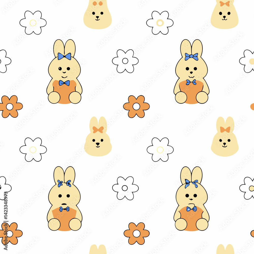 Fototapeta premium Kid Seamless Pattern Easter Theme, Cute bunnies with accessories and flowers create cheerful pattern perfect for Easter celebrations. Isolate on white background, commercial use