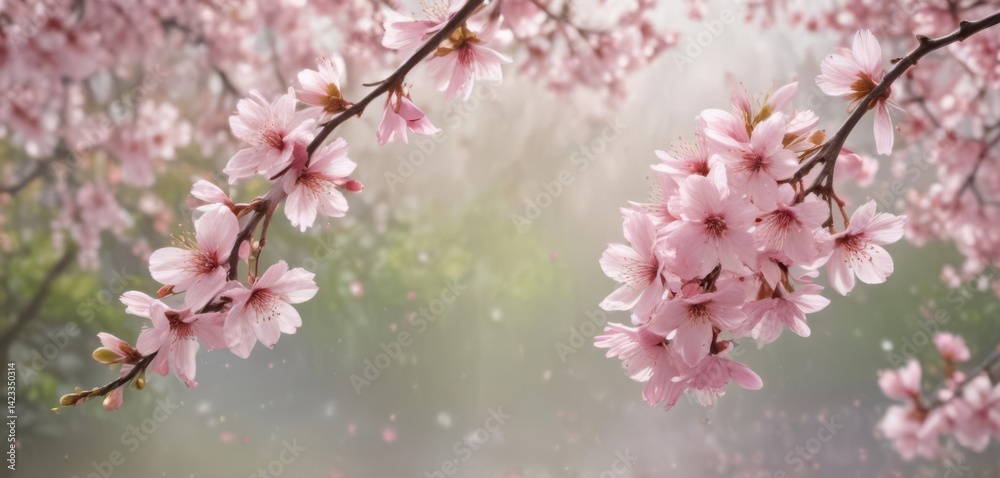 Obraz premium Delicate pink sakura petals drift gently on a softly blurred spring background , floral design, pretty, beauty