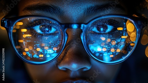 A close-up shot captures a programmer's focused gaze through reflective glasses, their fingers dancing over a keyboard, as they harness the power of artificial intelligence to enhance their 