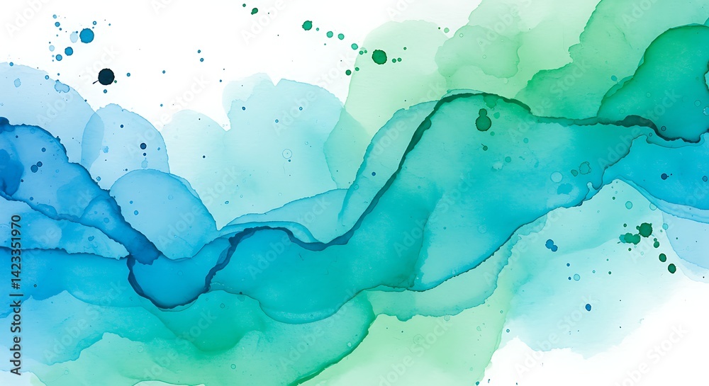 Obraz premium Fluid abstract design with blue and green ink washes on white background creates calm, organic feel.