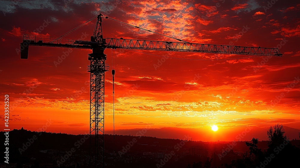 Fototapeta premium A crane, its metal arm reaching skyward, stood sentinel over a bustling construction site, its silhouette stark against the vibrant hues of a setting sun, a testament to human endeavor against 