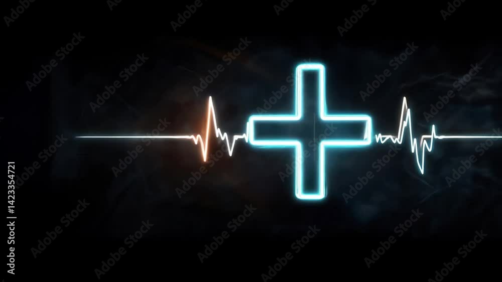 White neon medical cross with heartbeat line on dark background, symbolizing dedication in medical care and commitment to patient health