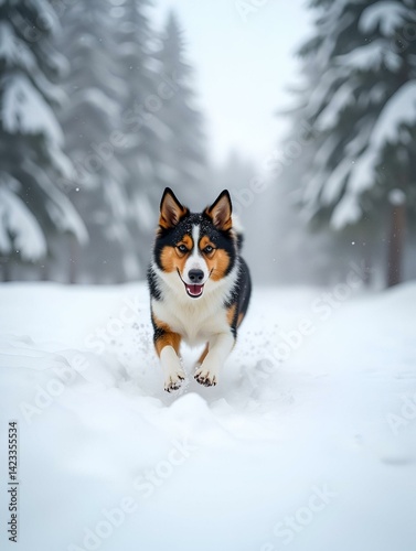 A lively dog bounds through the deep snow in Plaiul Foii, surrounded by trees blanketed in white. The serene winter atmosphere invites joy and adventure photo