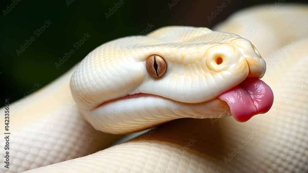 Fototapeta premium Close up of a albino Burmese python with it's pink tongue showing Generative AI