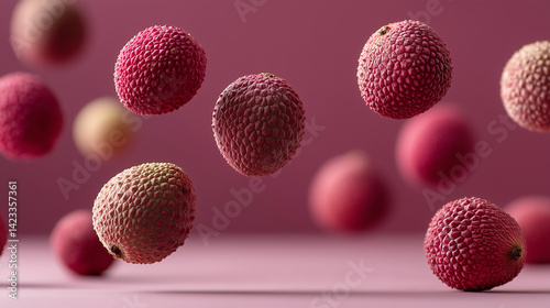 Lychee Dance: A vibrant display of fresh lychees in mid-air, bursting with natural colors and textures. A celebration of the exotic, perfect for culinary delights and visual feasts.