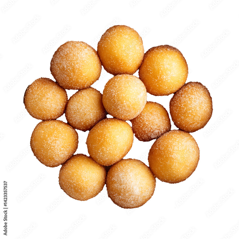 Golden Dessert Delights: A tantalizing top-down view of a cluster of perfectly golden, sugar-dusted donut holes, a sweet treat for everyone Golden Dessert Delights: A tantalizing top-down view of a cluster of perfectly golden, sugar-dusted donut holes, a sweet treat for everyone