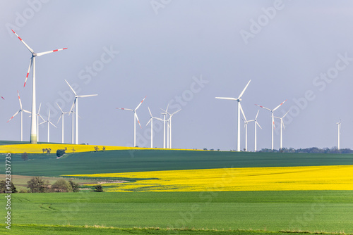 Obraz na płótnie Windkraftanlagen mit gelben Rapsfeldern im Vordergrund w salonie