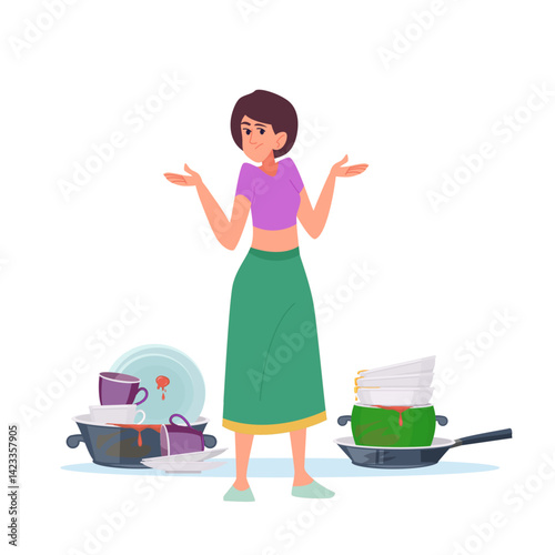 Dirty dishes. housewife standing with dirty dishes