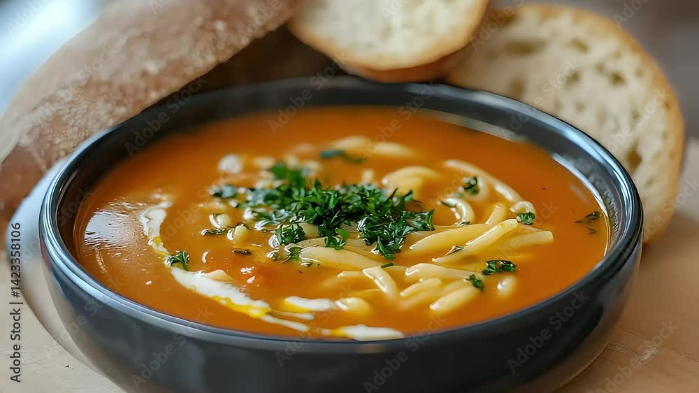 Hot Tomato Soup with Pasta and Fresh Parsley Served with Bread – AI Generated