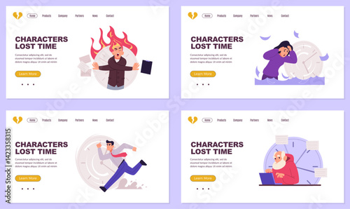 Time management. landing pages with characters with daily routines clock in fire concepts