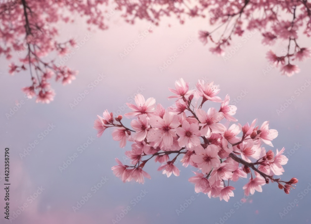 Floating pink sakura petals against a pastel sky Subtle blur effect , soft, calm Floating pink sakura petals against a pastel sky Subtle blur effect , soft, calm