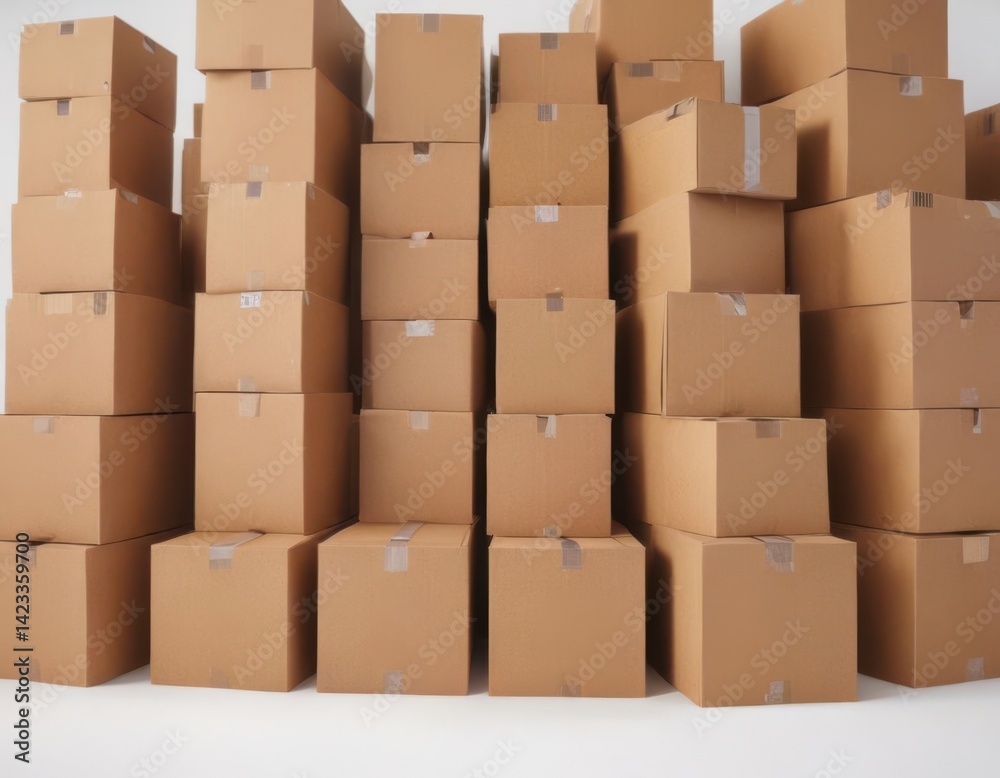 Group of various sized brown cardboard boxes against a stark white backdrop , different, recycling, natural Group of various sized brown cardboard boxes against a stark white backdrop , different, recycling, natural