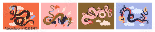 Set of greeting card designs with Chinese dragons. Traditional mystic Asian mascots, fantasy monsters fly in the sky. Postcards with flying eastern beasts from legends. Flat vector illustrations