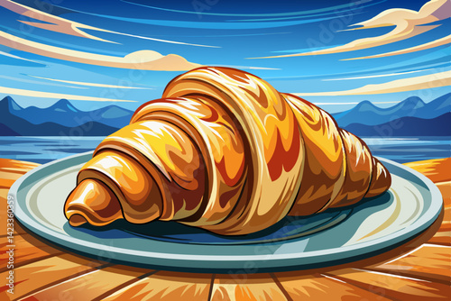 Fresh croissant on wooden tables at amazing sunset time, freshly baked vector