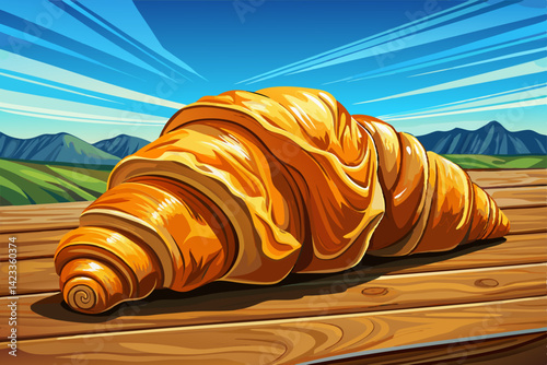 Fresh croissant on wooden tables at amazing sunset time, freshly baked vector