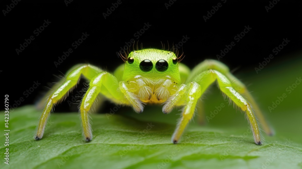 Naklejka premium Close-up of vibrant green jumping spider on leaf