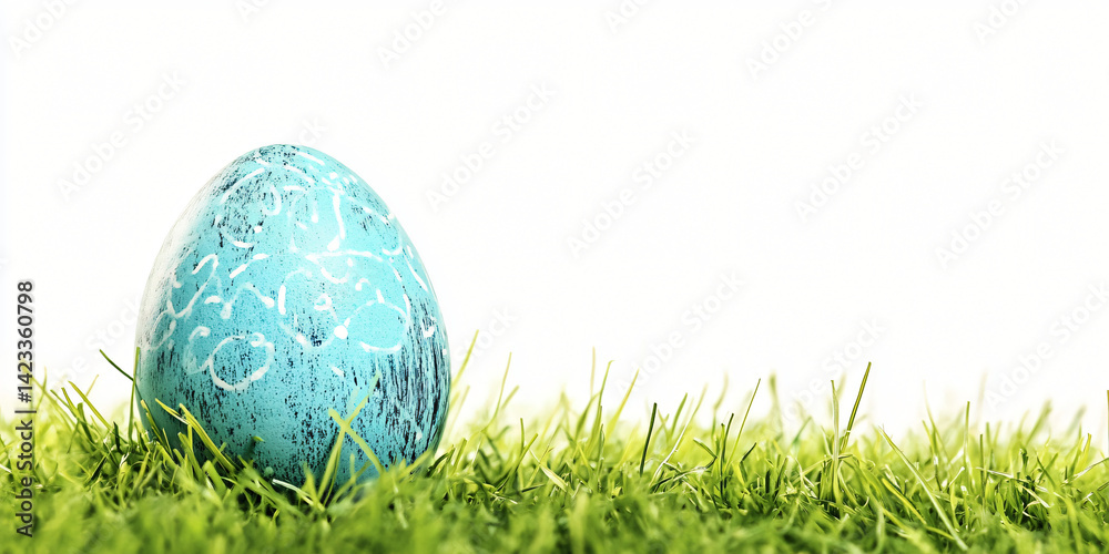 Teal Easter Egg in Grass: A single, delicately painted teal Easter egg rests gently in vibrant green grass, creating a simple yet charming springtime image.