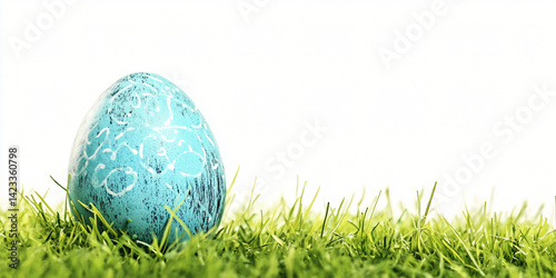 Obraz na płótnie Teal Easter Egg in Grass: A single, delicately painted teal Easter egg rests gently in vibrant green grass, creating a simple yet charming springtime image. w salonie